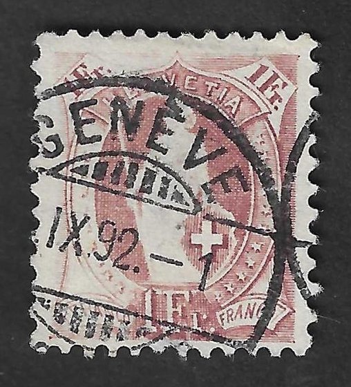 1 franc Standing Helvetia stamp with a Geneva cancel
